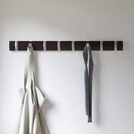 Umbra Flip Wall Mounted Floating Rack Modern, Sleek, Space-Saving Hanger with Retractable Hooks to Hang Coats, Scarves, Purses and More, 8, Espresso