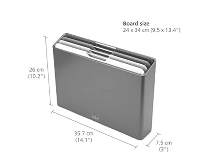 Joseph Joseph Folio Plastic Kitchen Cutting Board Set with Storage Case Color-Coded Easy-Access Design Dishwasher Safe Non-Slip, Large, Silver