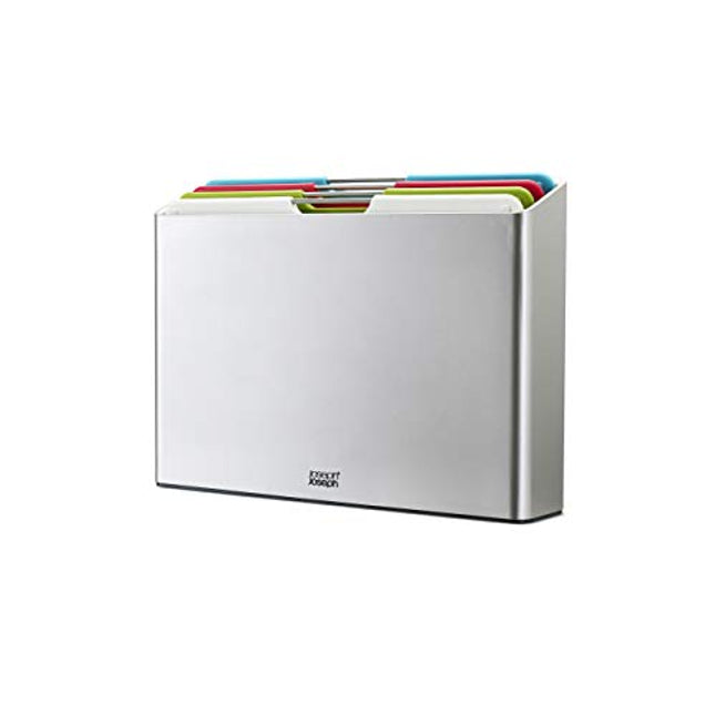 Joseph Joseph Folio Plastic Kitchen Cutting Board Set with Storage Case Color-Coded Easy-Access Design Dishwasher Safe Non-Slip, Large, Silver