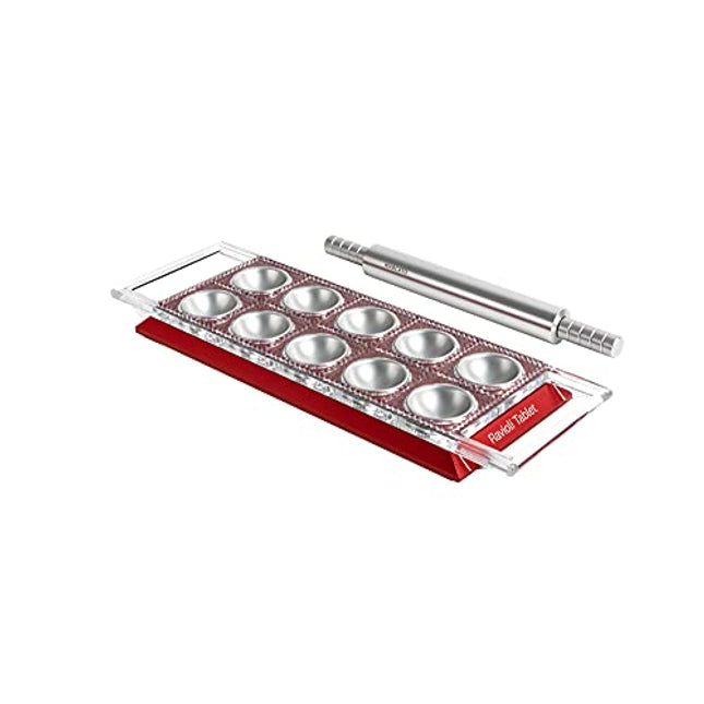 Marcato Design Atlas Ravioli Tablet Pasta Maker, Made in Italy, Red, Makes 10 2-Inch Squares, 14 x 8.5
