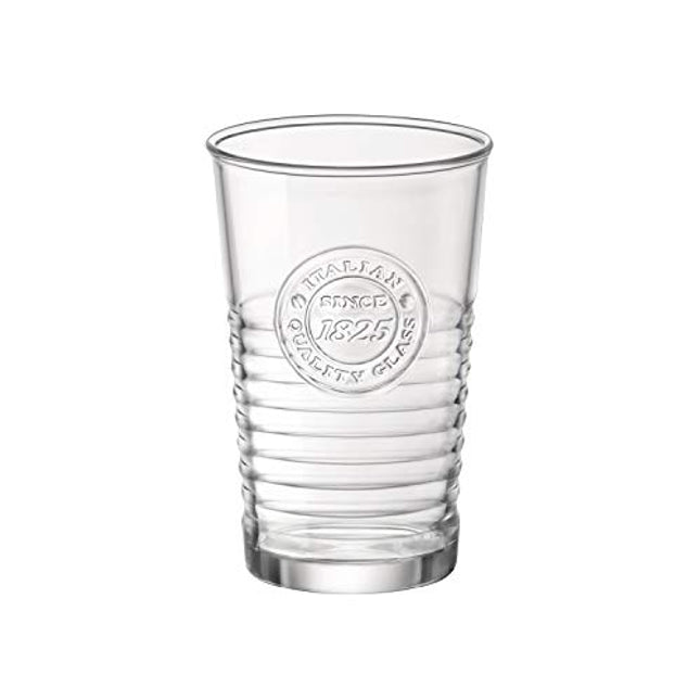 Bormioli Rocco Officina Water Glasses ï¿½ Set Of 4 Clear Drinking Tumblers With Textured Ring Design & Vintage Stamp Logo ï¿½ 11oz High Capacity Tall Cups For Soda, Juice, Milk, Coke, Beer, Spirits