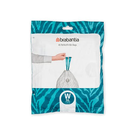 Brabantia PerfectFit Trash Bags (Size W/1.3 Gal) Thick Plastic Trash Can Liners with Drawstring Handles (40 Bags)