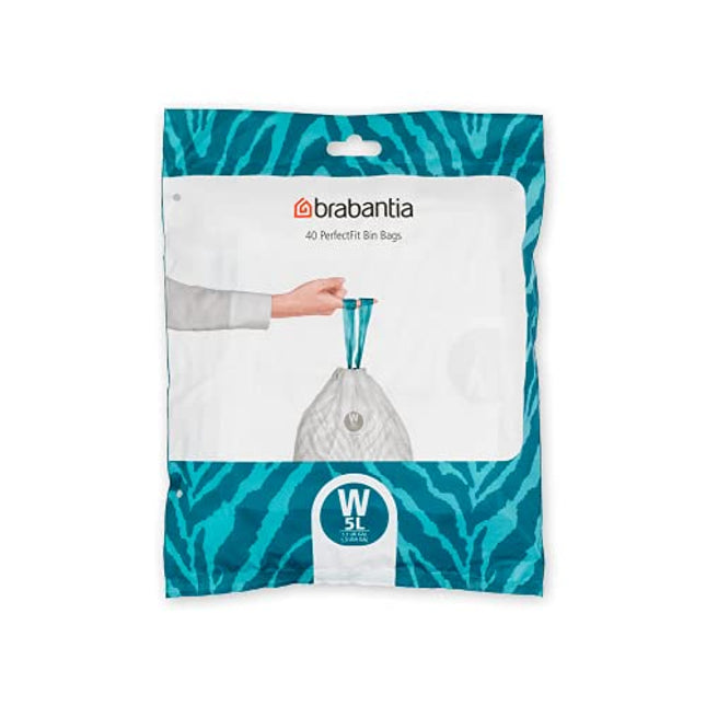Brabantia PerfectFit Trash Bags (Size W/1.3 Gal) Thick Plastic Trash Can Liners with Drawstring Handles (40 Bags)