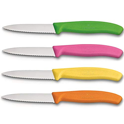 Culinary Depot Victorinox Swiss Stainless Steel Paring Knife 3.25 Inch Serrated Blade, Spear Pointy (Set Of 4) Green, Orange, Pink And Yellow Utility Knife Set