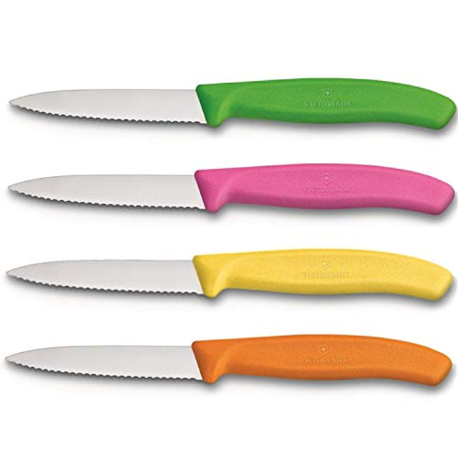 Culinary Depot Victorinox Swiss Stainless Steel Paring Knife 3.25 Inch Serrated Blade, Spear Pointy (Set Of 4) Green, Orange, Pink And Yellow Utility Knife Set