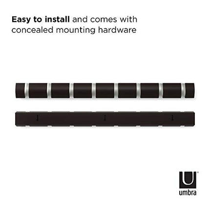Umbra Flip Wall Mounted Floating Rack Modern, Sleek, Space-Saving Hanger with Retractable Hooks to Hang Coats, Scarves, Purses and More, 8, Espresso