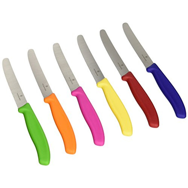 Victorinox Swiss Stainless Steel 6 Piece Round 4.5 Inch Serrated Steak Knife Set, 4.72 x 4.72 x 4.72 inches, Green, Orange, Pink, Yellow, Red, and Blue