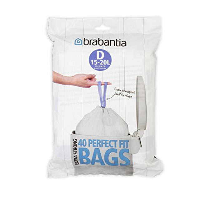 Brabantia Perfectfit Bags, Code D, 15-20 Litre, 40 Bags Per Dispenser Pack, - White