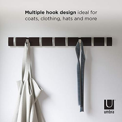 Umbra Flip Wall Mounted Floating Rack Modern, Sleek, Space-Saving Hanger with Retractable Hooks to Hang Coats, Scarves, Purses and More, 8, Espresso