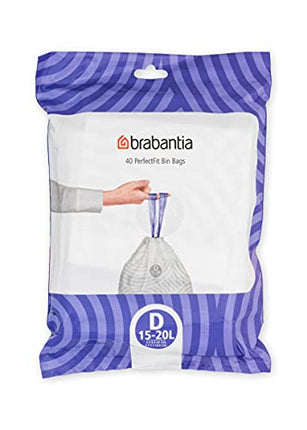 Brabantia PerfectFit Trash Bags (Size D/4.4-5.3 Gal) Thick Plastic Trash Can Liners with Drawstring Handles (40 Bags)