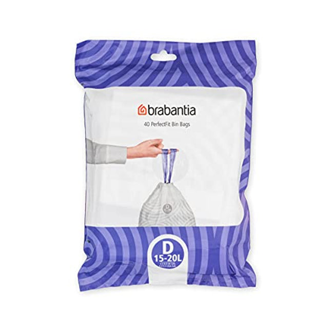 Brabantia PerfectFit Trash Bags (Size D/4.4-5.3 Gal) Thick Plastic Trash Can Liners with Drawstring Handles (40 Bags)